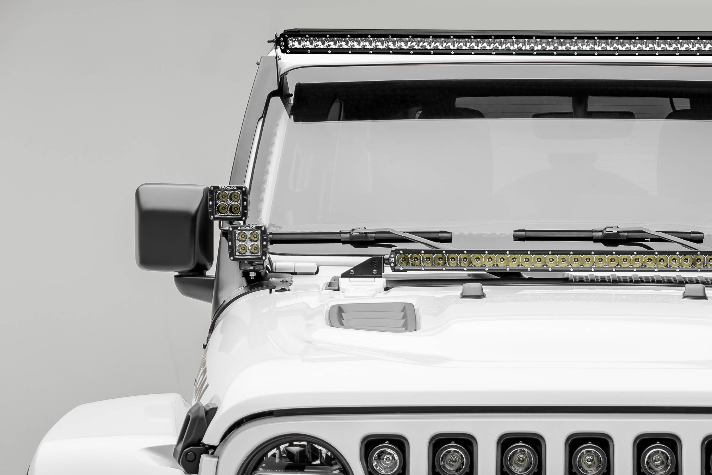 2018-2024 Jeep JL/2019-2024 Gladiator Front Roof LED Kit with (1) 50 Inch  LED Straight Single Row Slim Light Bar and (4) 3 Inch LED Pod Lights - PN  