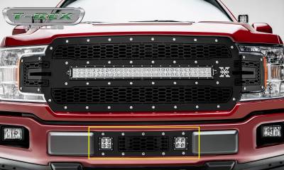 T-REX Grilles - 2018-2020 F-150 Limited, Lariat Laser Torch Bumper Grille, Black, 1 Pc, Overlay, Chrome Studs with (2) 3 Inch LED Cube Lights - Part # 7325711