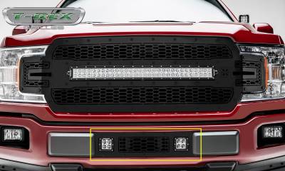 T-REX Grilles - 2018-2020 F-150 Limited, Lariat Stealth Laser Torch Bumper Grille, Black, 1 Pc, Overlay, Black Studs with (2) 3 Inch LED Cube Lights - Part # 7325711-BR