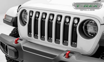 T-REX Grilles - 2018-2023 Jeep Gladiator, JL Torch Grille, Black, 1 Pc, Insert, Chrome Studs, Incl. (7) 2 LED Round Lights, without Forward Facing Camera - Part # 6314931
