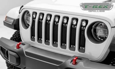 T-REX Grilles - 2018-2023 Jeep Gladiator, JL Torch Grille, Black, 1 Pc, Insert, Chrome Studs, Incl. (7) 2 LED Round Lights, without Forward Facing Camera - Part # 6314931 - Special Order
