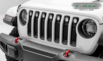 T-REX Grilles - 2018-2023 Jeep Gladiator, JL Stealth Torch Grille, Black, 1 Pc, Insert, Black Studs, Incl. (7) 2 LED Round Lights, without Forward Facing Camera - Part # 6314931-BR - Special Order