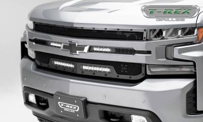 T-REX Grilles - 2019-2022 Silverado 1500 Stealth Torch Grille, Black, 1 Pc, Replacement, Black Studs, Incl. (2) 6" and (2) 10" LEDs - Part # 6311261-BR
