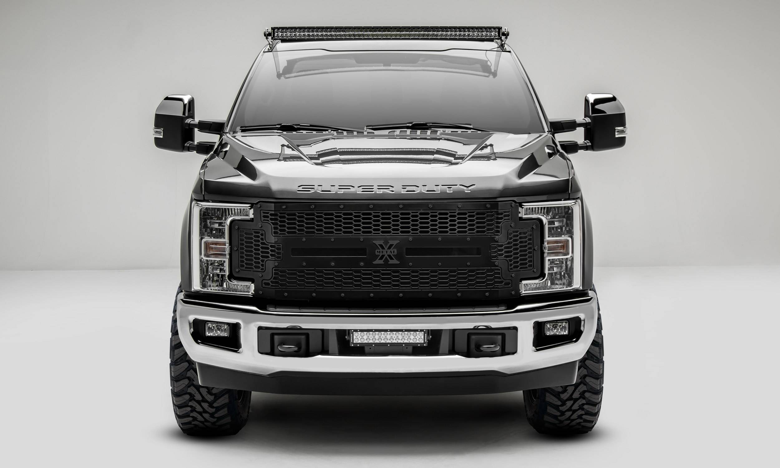 T-REX Grilles - 2017-2019 Super Duty Stealth Laser X Grille, Black, 1 Pc, Replacement, Black Studs, Does Not Fit Vehicles with Camera - Part # 7715471-BR
