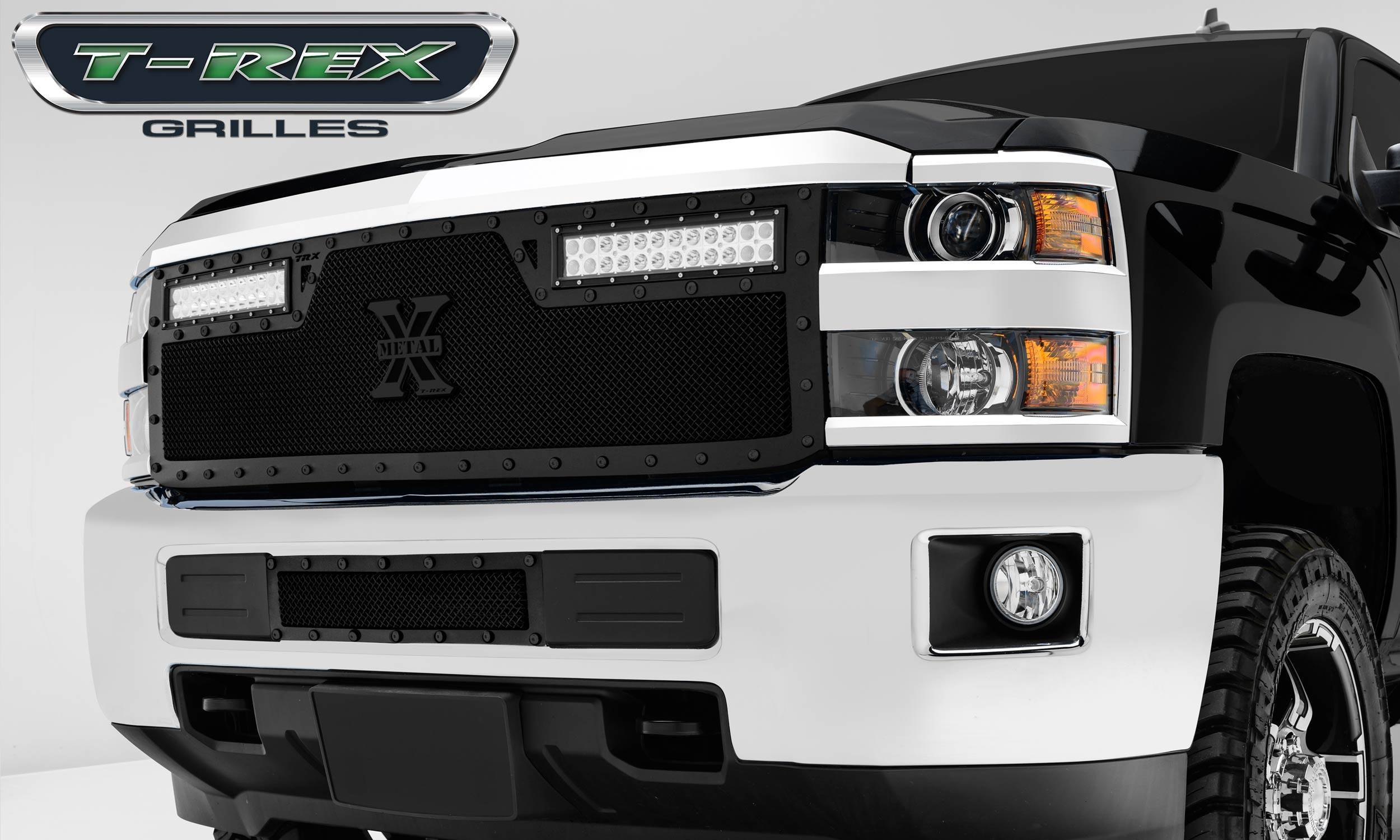T-REX Grilles - 2015-2019 Silverado HD Stealth Torch Grille, Black, 1 Pc, Replacement, Black Studs with (2) 12" LEDs - Part # 6311231-BR