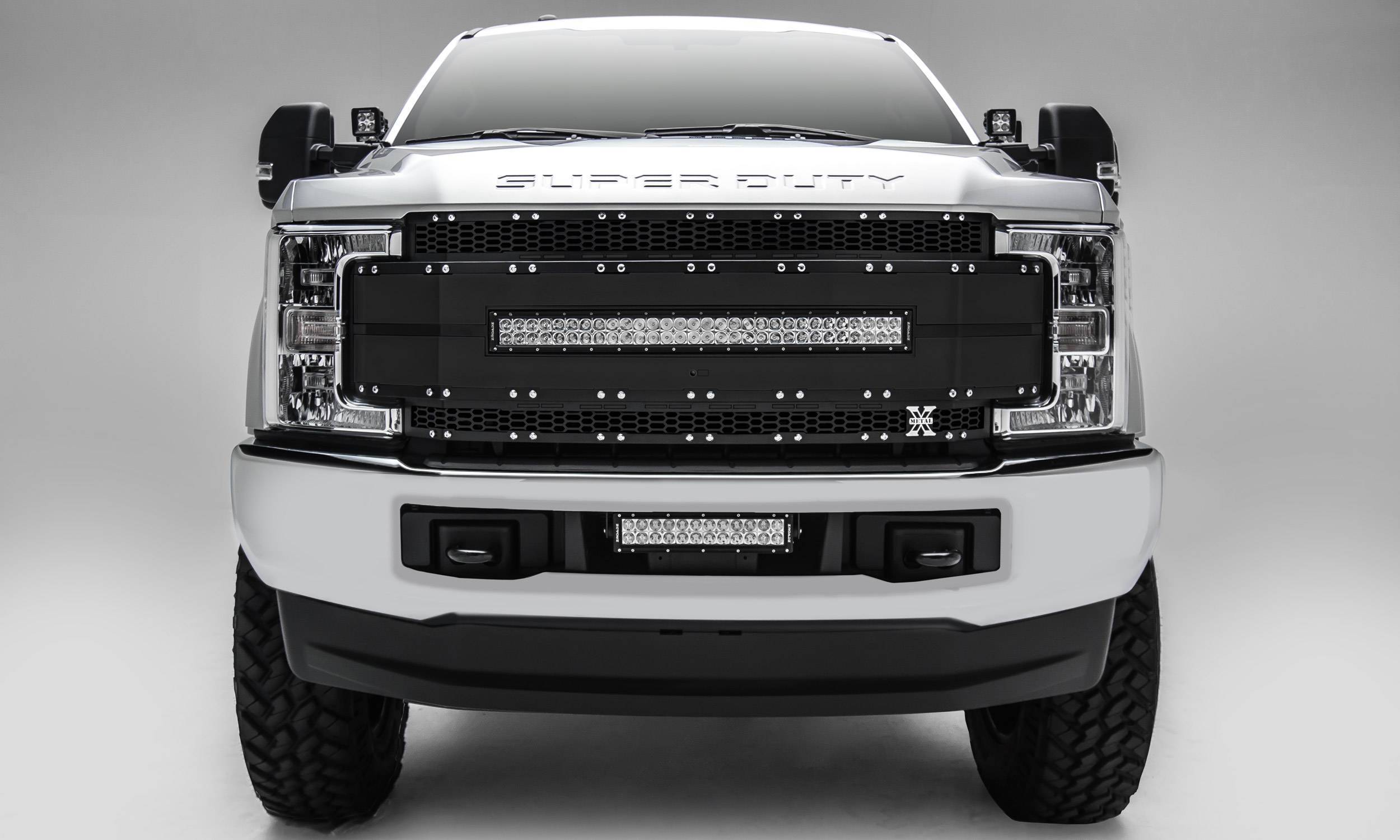 T-REX Grilles - 2017-2019 Super Duty Torch AL Grille, Black Mesh and Trim, 1 Pc, Replacement, Chrome Studs with (1) 30" LED, Fits Vehicles with Camera - Part # 6315491