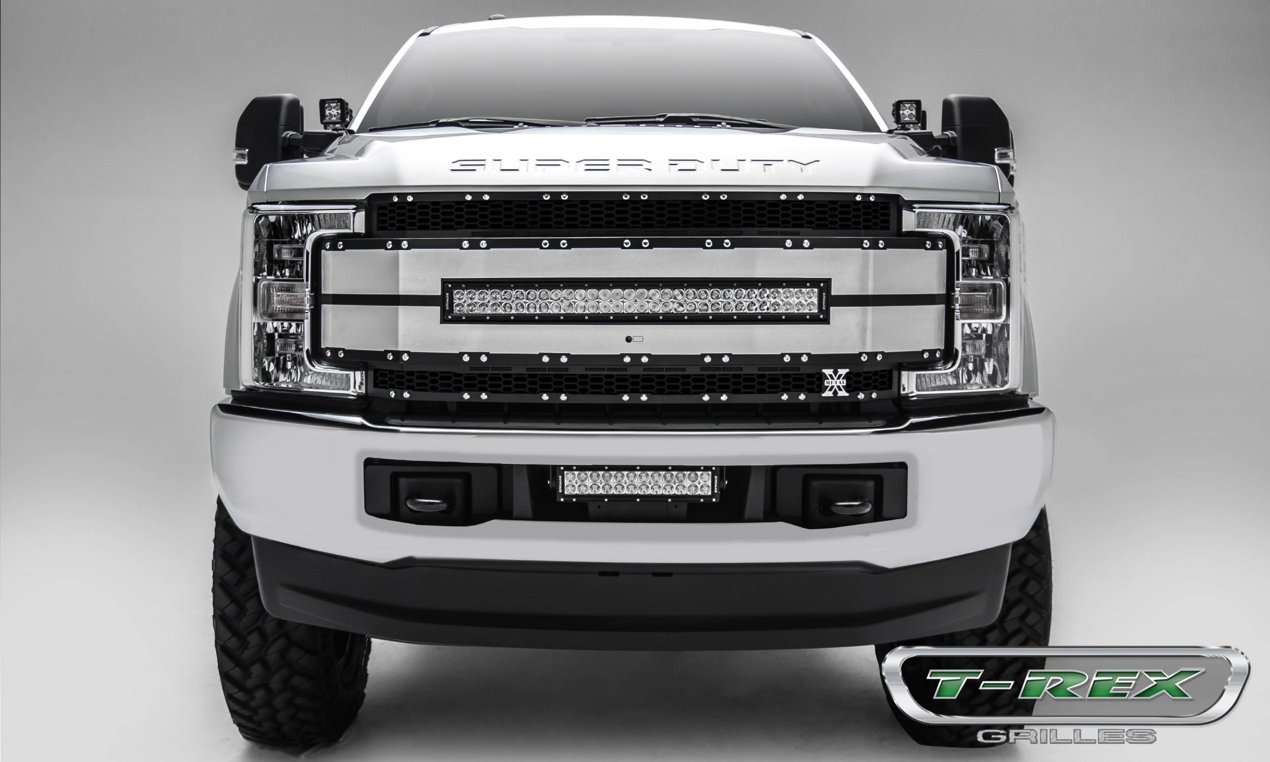 T-REX Grilles - 2017-2019 Super Duty Torch AL Grille, Black Mesh, Brushed Trim, 1 Pc, Replacement, Chrome Studs with (1) 30" LED, Fits Vehicles with Camera - Part # 6315493