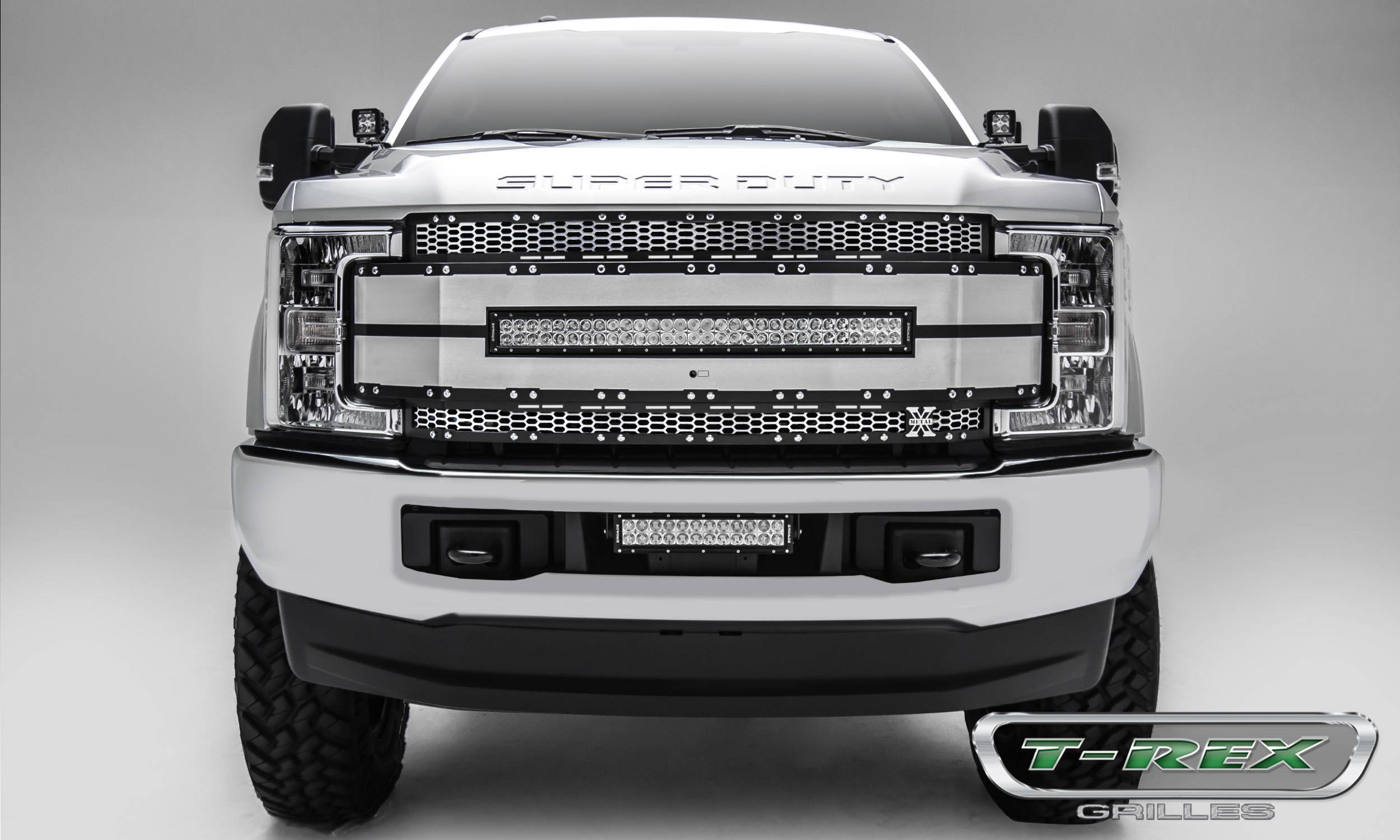 T-REX Grilles - 2017-2019 Super Duty Torch AL Grille, Brushed Mesh and Trim, 1 Pc, Replacement, Chrome Studs with (1) 30" LED, Fits Vehicles with Camera - Part # 6315495