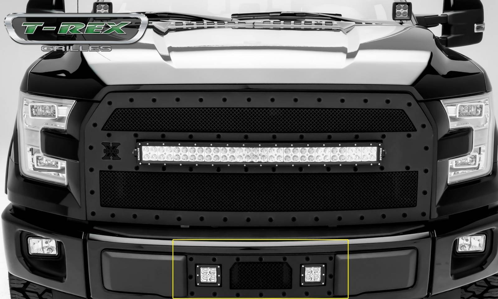 T-REX Grilles - 2015-2017 F-150 Stealth Torch Bumper Grille, Black, 1 Pc, Insert, Black Studs with (2) 3" LED Cube Lights - Part # 6325731-BR