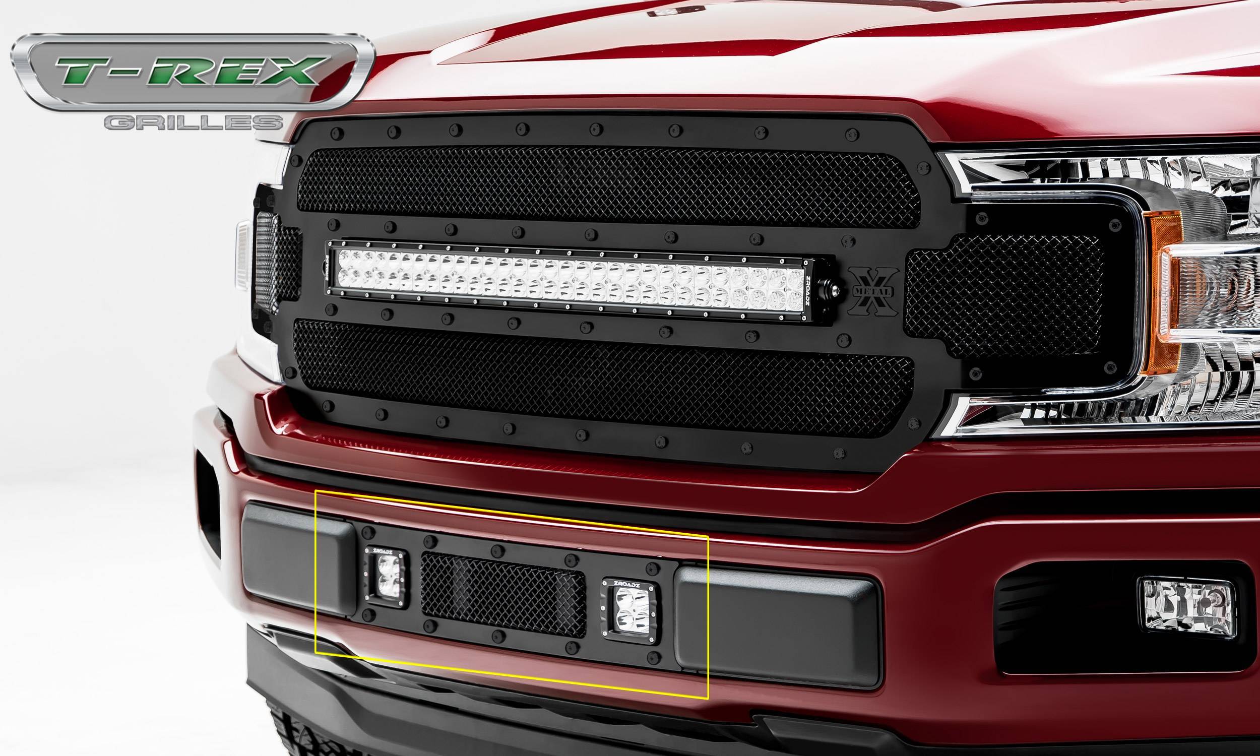 T-REX Grilles - 2018-2020 F-150 Limited, Lariat Stealth Torch Bumper Grille, Black, 1 Pc, Replacement, Black Studs with (2) 3 Inch LED Cube Lights - Part # 6325791-BR