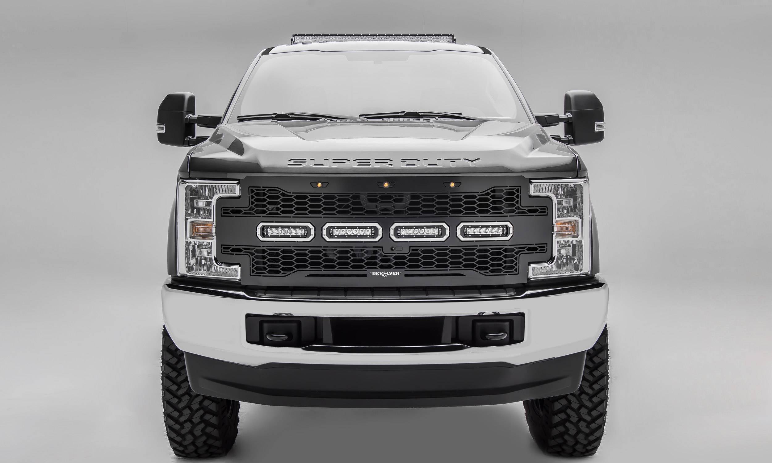 T-REX Grilles - 2017-2019 Super Duty Revolver Grille, Black, 1 Pc, Replacement with (4) 6" LEDs, Fits Vehicles with Camera - PN #6515631