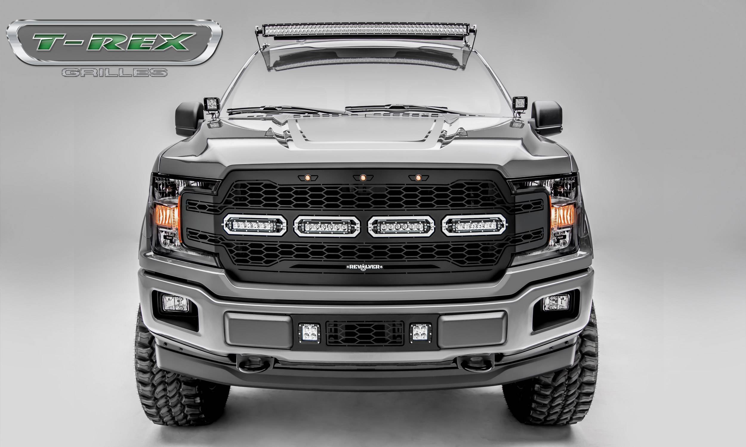 T-REX Grilles - 2018-2020 F-150 Revolver Grille, Black, 1 Pc, Replacement with (4) 6 Inch LEDs, Does Not Fit Vehicles with Camera - Part # 6515841