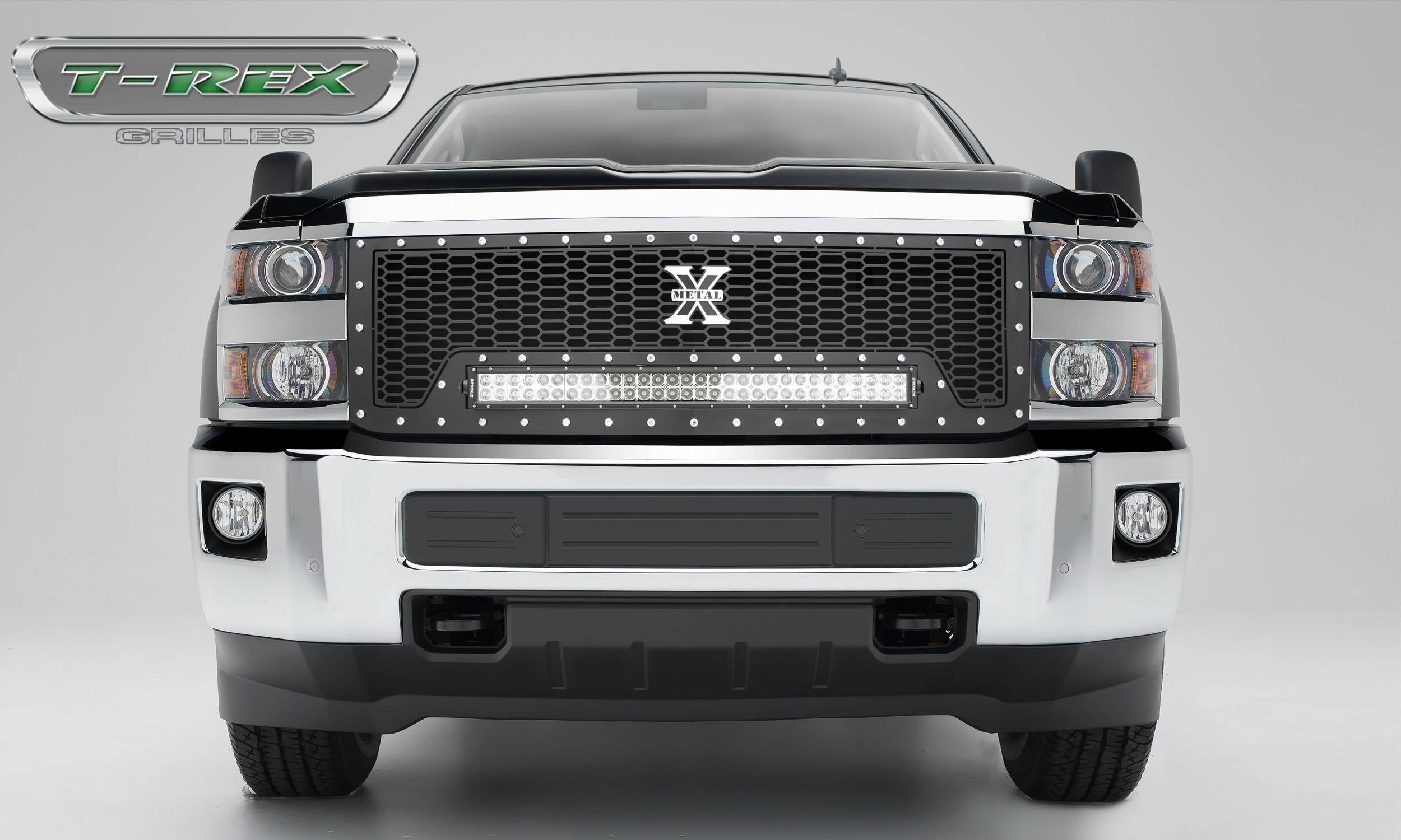 T-REX Grilles - 2015-2019 Silverado HD Laser Torch Grille, Black, 1 Pc, Replacement, Chrome Studs with (1) 30 LED - Part # 7311241