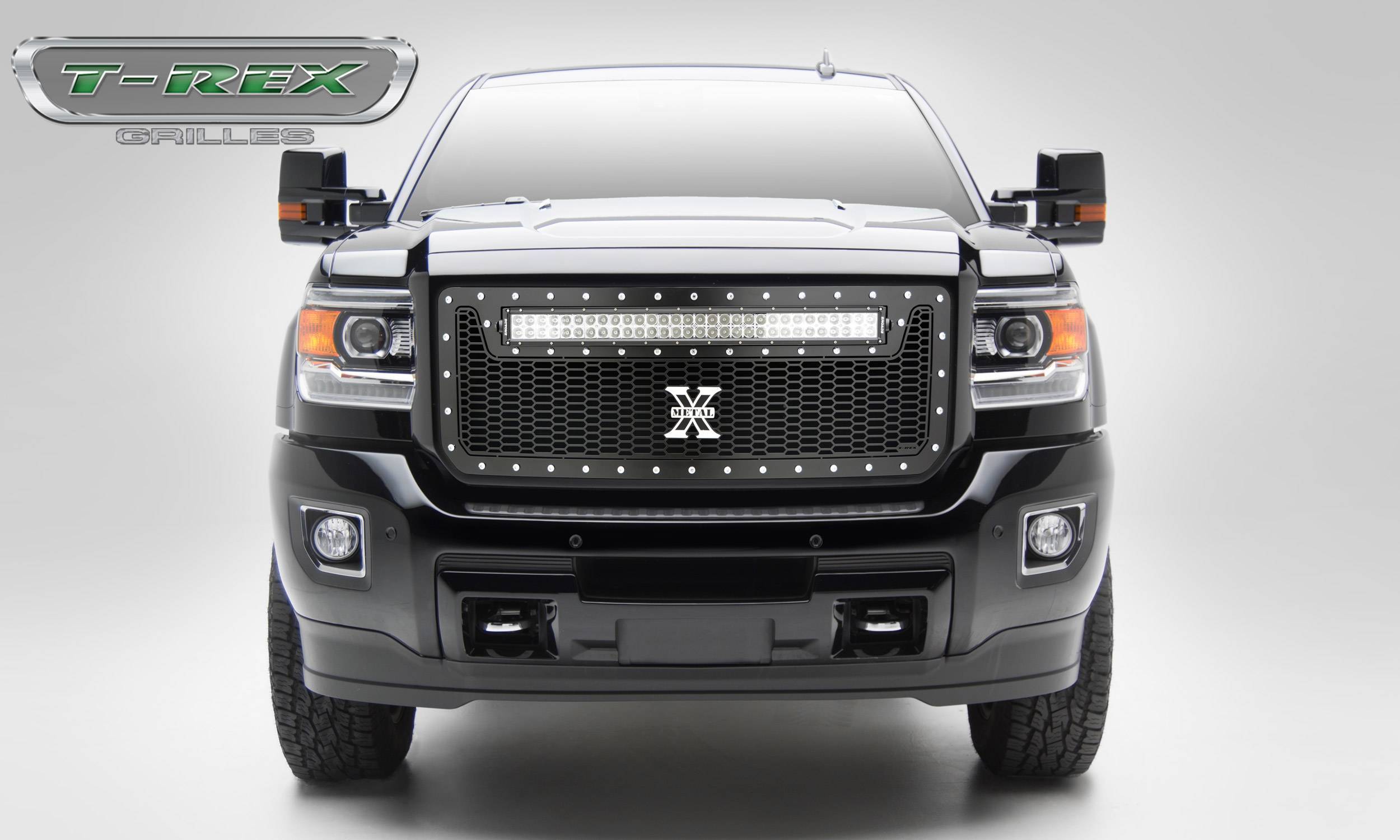 T-REX Grilles - 2015-2019 Sierra HD Laser Torch Grille, Black, 1 Pc, Insert, Chrome Studs with (1) 30" LED - Part # 7312111