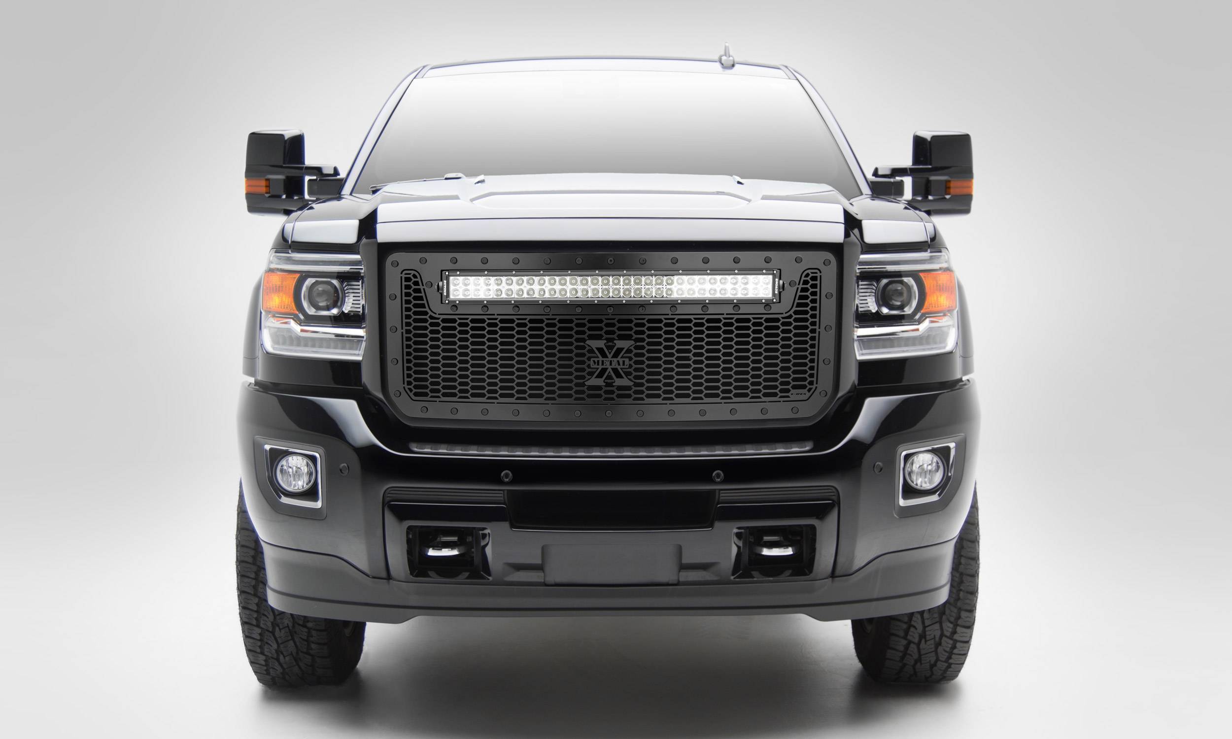 T-REX Grilles - 2015-2019 Sierra HD Stealth Laser Torch Grille, Black, 1 Pc, Insert, Black Studs with (1) 30 LED - Part # 7312111-BR