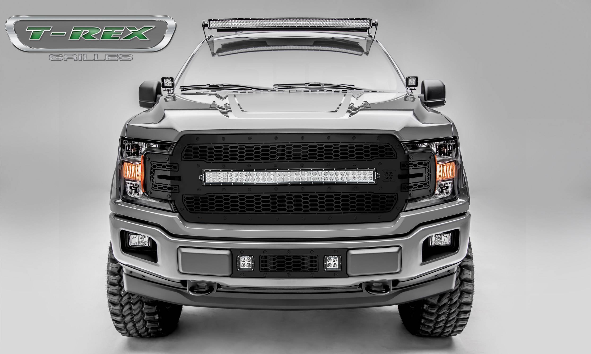 T-REX Grilles - 2018-2020 F-150 Stealth Laser Torch Grille, Black, 1 Pc, Replacement, Black Studs with 30 Inch LED, Does Not Fit Vehicles with Camera - Part # 7315711-BR