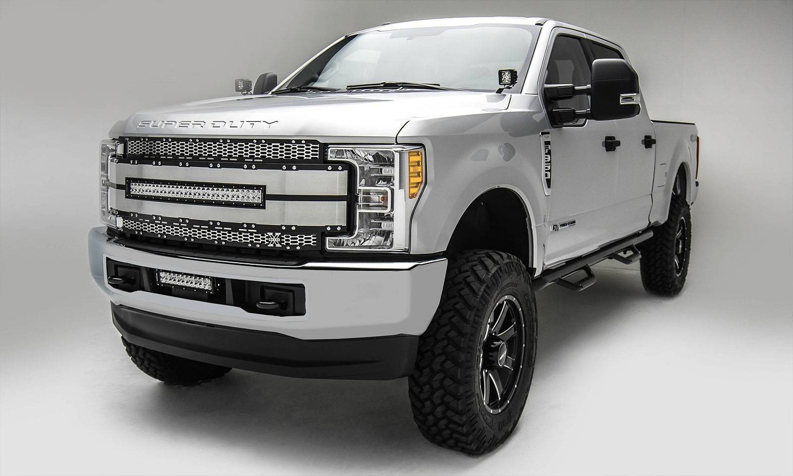T-REX Grilles - 2017-2019 Super Duty Torch AL Grille, Black with brushed aluminum mesh and trim, 1 Pc, Replacement, Chrome Studs with (1) 30" LED, Does Not Fit Vehicles with Camera - Part # 6315485