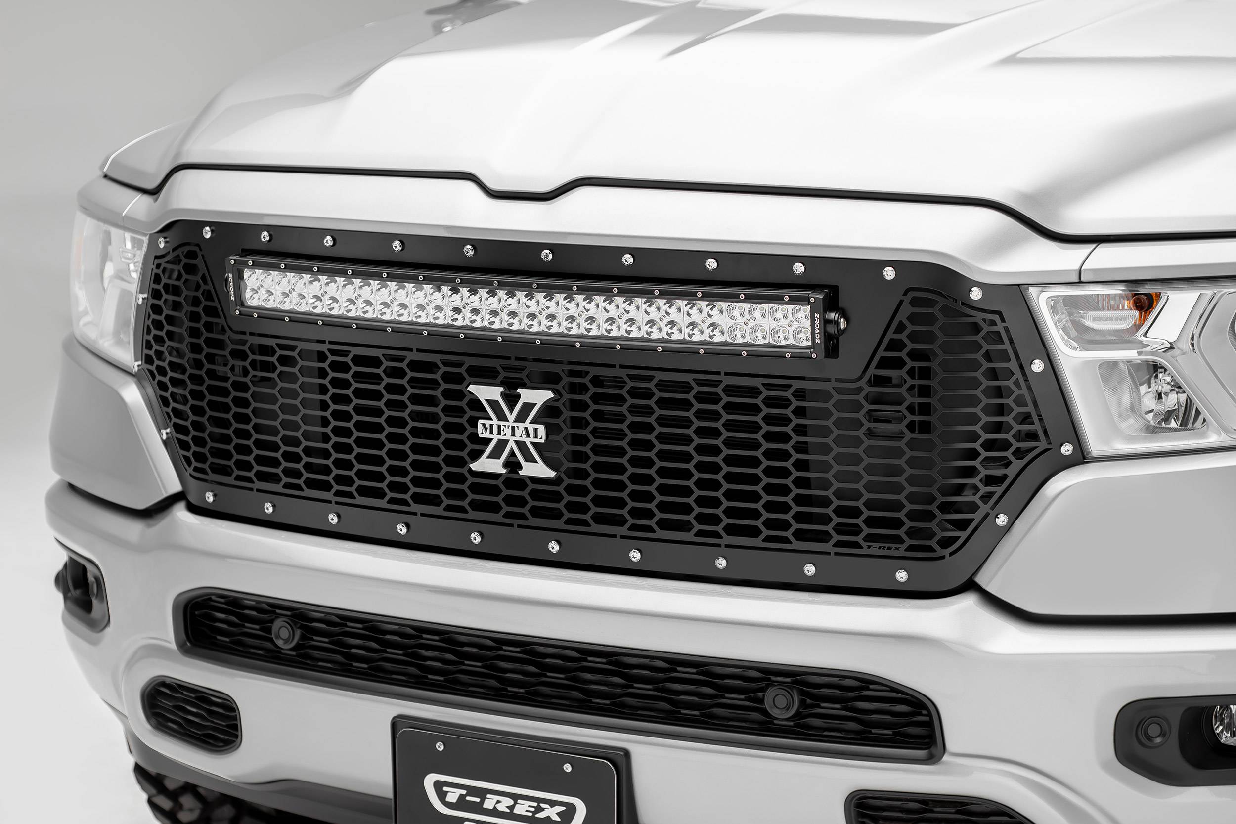 T-REX Grilles - 2019-2021 Ram 1500 Laramie, Lone Star, Big Horn, Tradesman Laser Torch Grille, Black, 1 Pc, Replacement, Chrome Studs, Incl. (1) 30" LED - PN #7314651