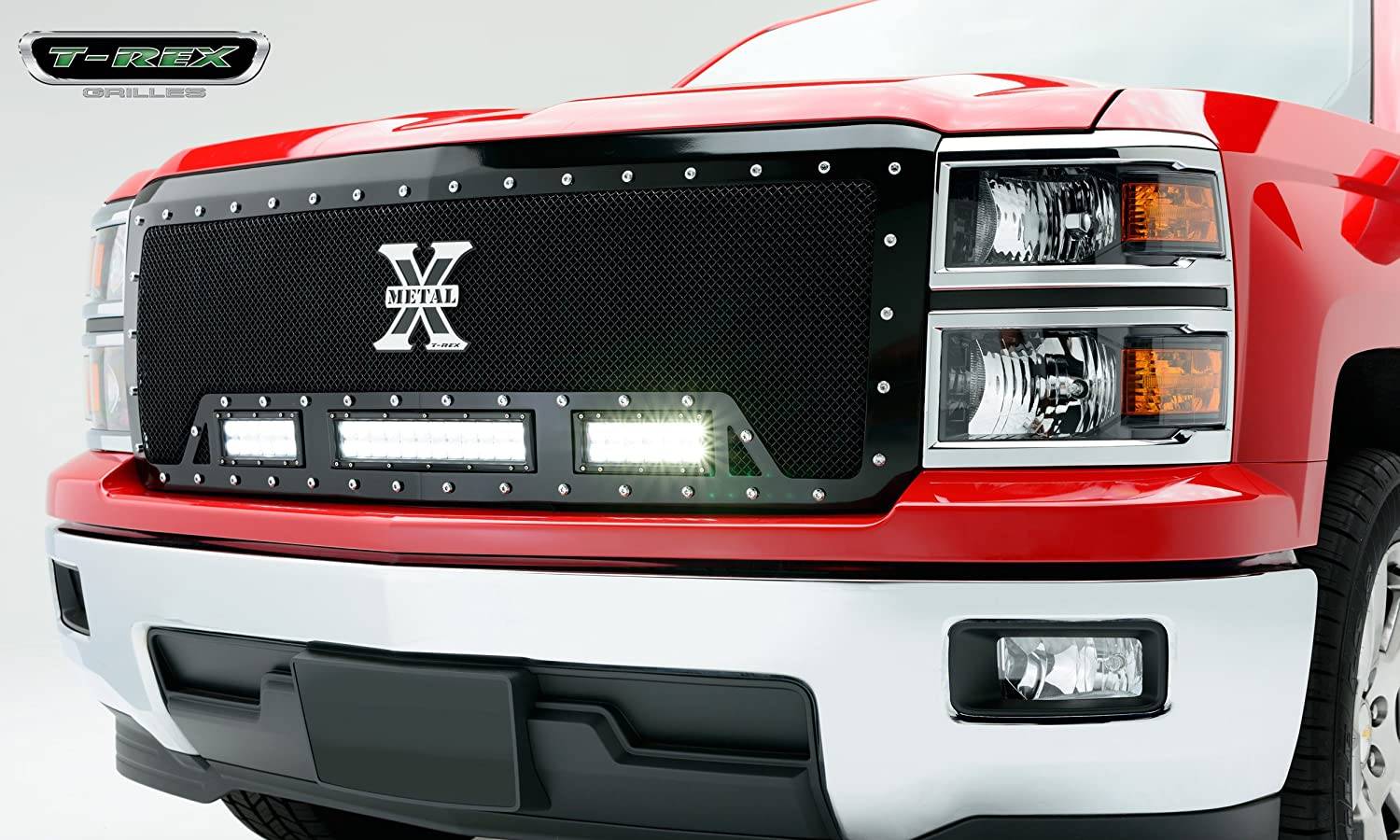 T-REX Grilles - 2014-2015 Silverado 1500 Torch Grille, Black, 1 Pc, Replacement, Chrome Studs, Incl. (2) 6" and (1) 12" LEDs - PN #6311181