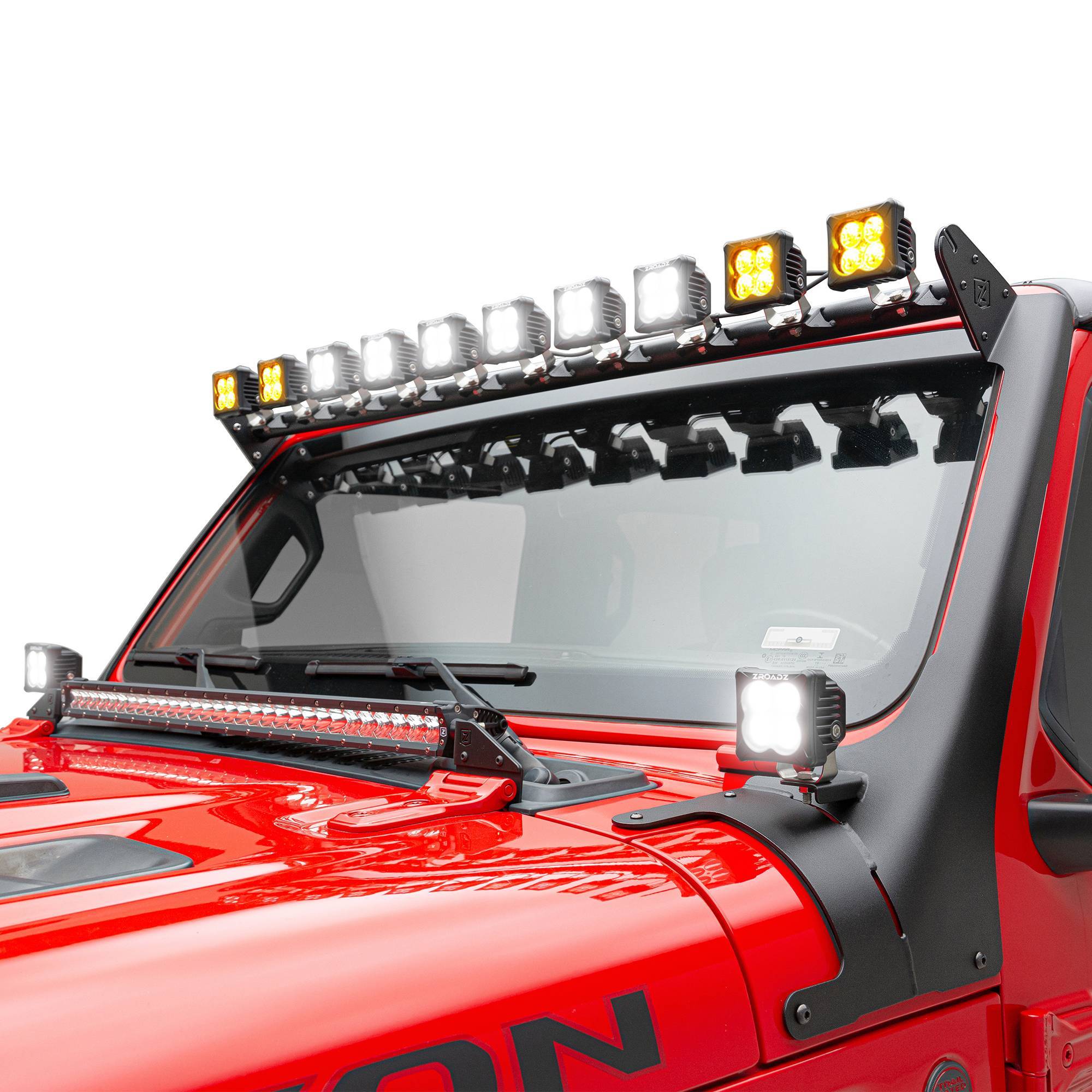 ZROADZ OFF ROAD PRODUCTS - 2019-2022 Jeep Gladiator, JL Multi-LED Roof Cross Bar and 2-Pod A-Pillar Complete KIT, Includes (12) 3-Inch ZROADZ Light Pods - Part # Z934931-KIT2AW