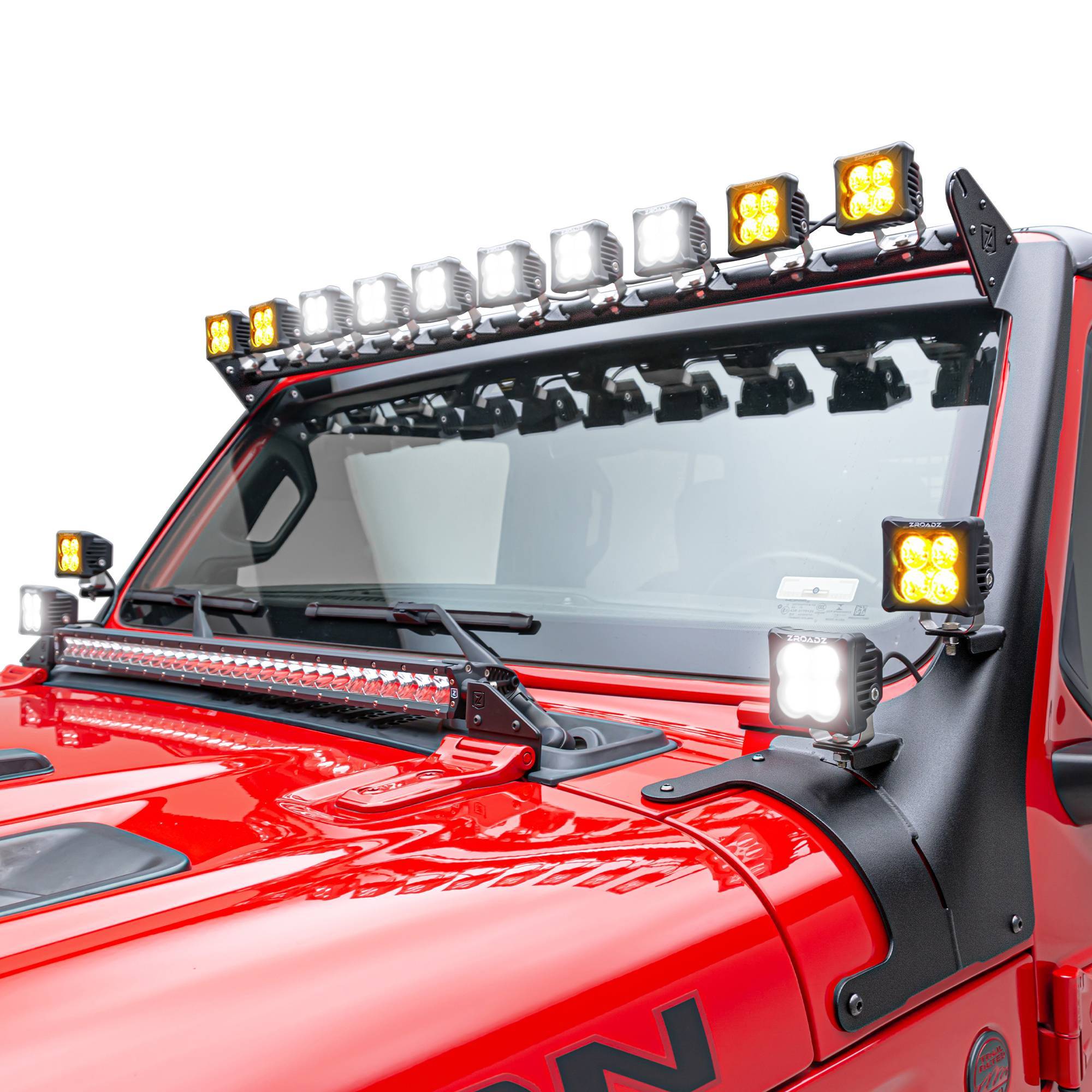 ZROADZ OFF ROAD PRODUCTS - 2018-2024 Jeep JL/2019-2024 Gladiator, Multi-LED Roof Cross Bar and 4-Pod A-Pillar Complete KIT, Includes (14) 3-Inch ZROADZ Light Pods - Part # Z934931-KIT4AW