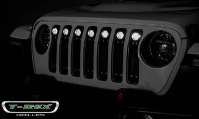 T-REX Grilles - 2018-2023 Jeep Gladiator, JL Torch Grille, Black, 1 Pc, Insert, Chrome Studs, Incl. (7) 2 LED Round Lights, without Forward Facing Camera - Part # 6314931 - Image 7
