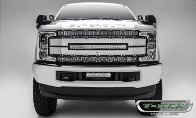 T-REX Grilles - 2017-2019 Super Duty Torch AL Grille, Brushed Mesh and Trim, 1 Pc, Replacement, Chrome Studs with (1) 30" LED, Fits Vehicles with Camera - Part # 6315495 - Image 1