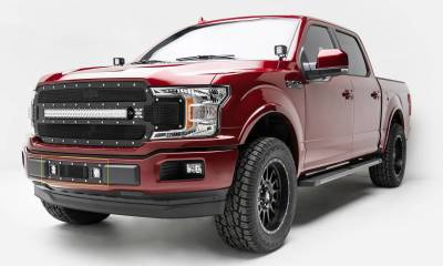 T-REX Grilles - 2018-2020 F-150 Limited, Lariat Torch Bumper Grille, Black, 1 Pc, Replacement, Chrome Studs with (2) 3 Inch LED Cube Lights - Part # 6325791 - Image 1